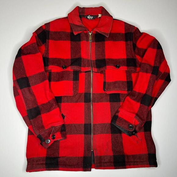 Vintage Woolrich Buffalo Plaid Wool Jacket Red Black USA Made Hunting Coat M - Picture 1 of 13